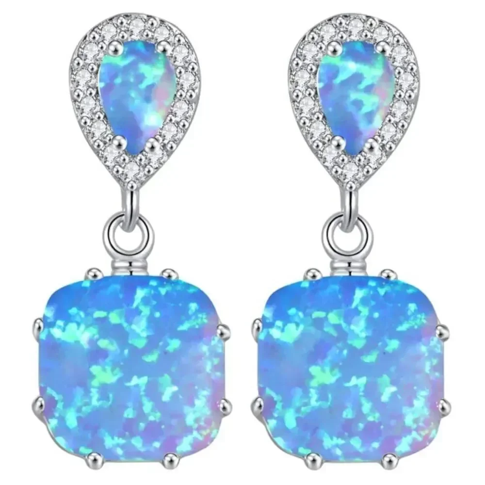 14K White Gold with Genuine Blue Fire Opal and Diamond CZ Post Back Earrings